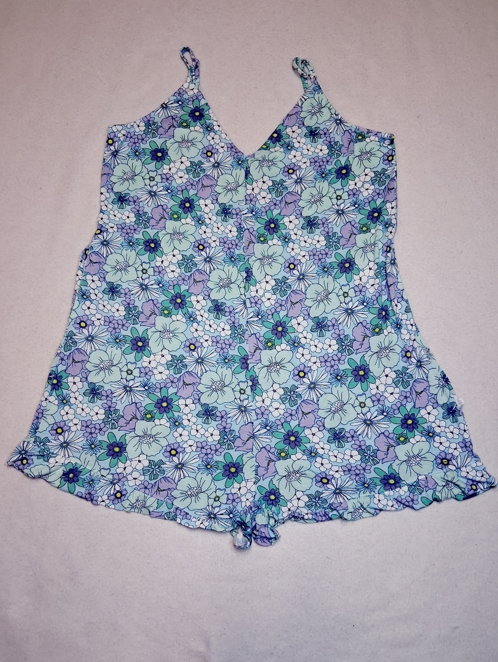 La Vie En Rose Floral Sleeveless Romper in Mint, Lavender & Blue